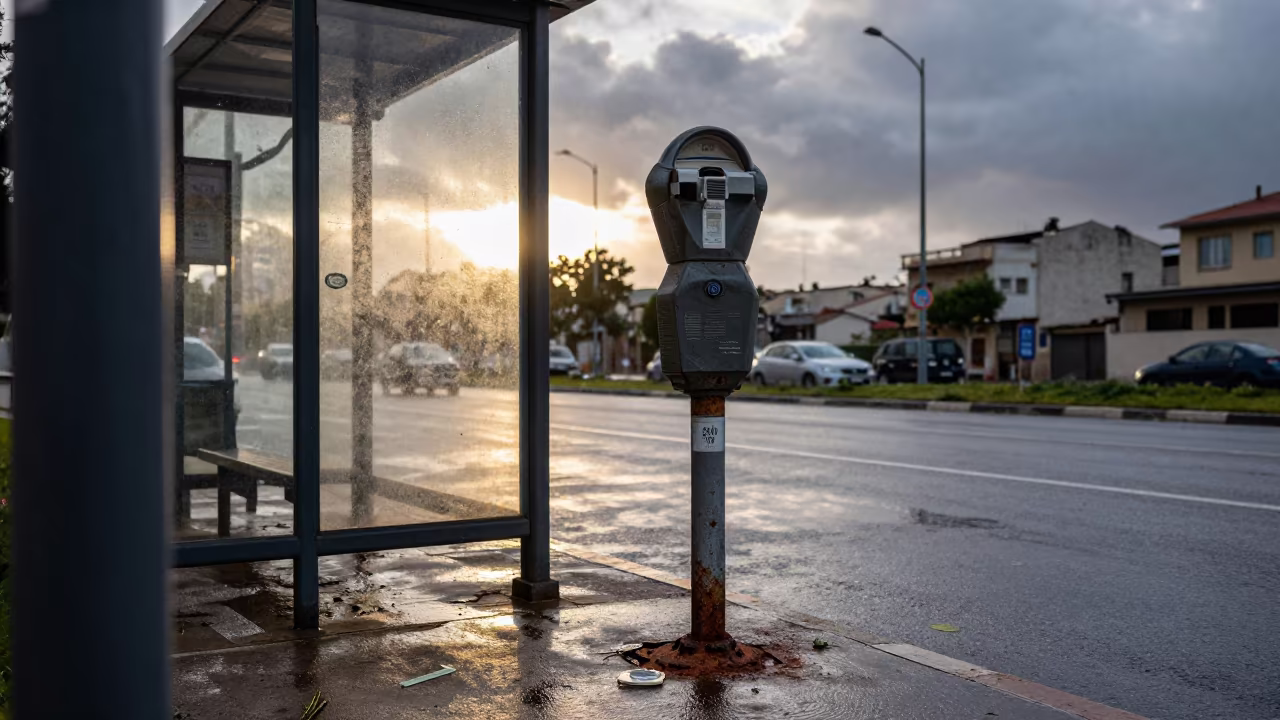 Broken Parking Meter at Dawn in Aïn Beïda in beside a steamed-up bus shelter in Aïn Beïda
