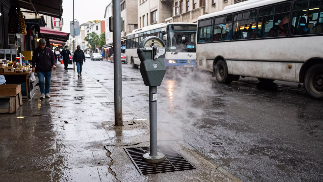 Broken Parking Meter Rainy Curb Diyarbakir in along a market-lined side street in Diyarbakir