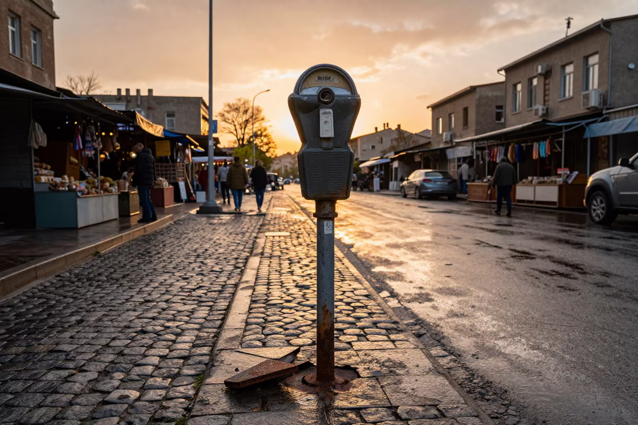 Broken Parking Meter on Rainy Diyarbakır Street at Sunset in along a market-lined side street in Diyarbakır