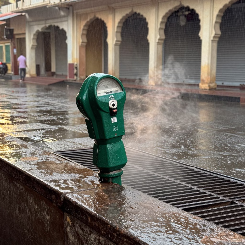 Broken Parking Meter Rainy Monsoon Morning Udaipur in along a shuttered arcade in Udaipur