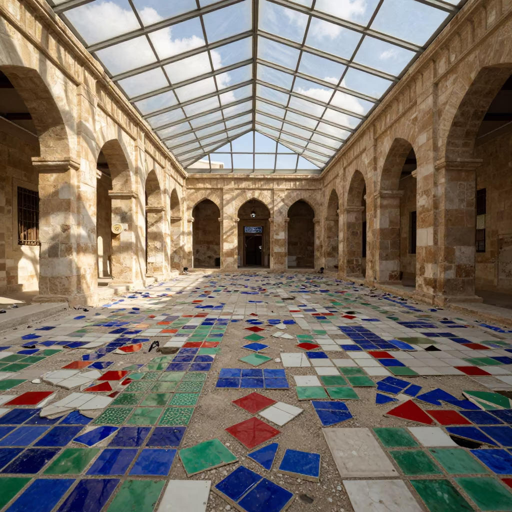 Colorful Broken Tile Mosaic in Demolished Bathhouse in inside a glass-roofed arcade near Zagazig