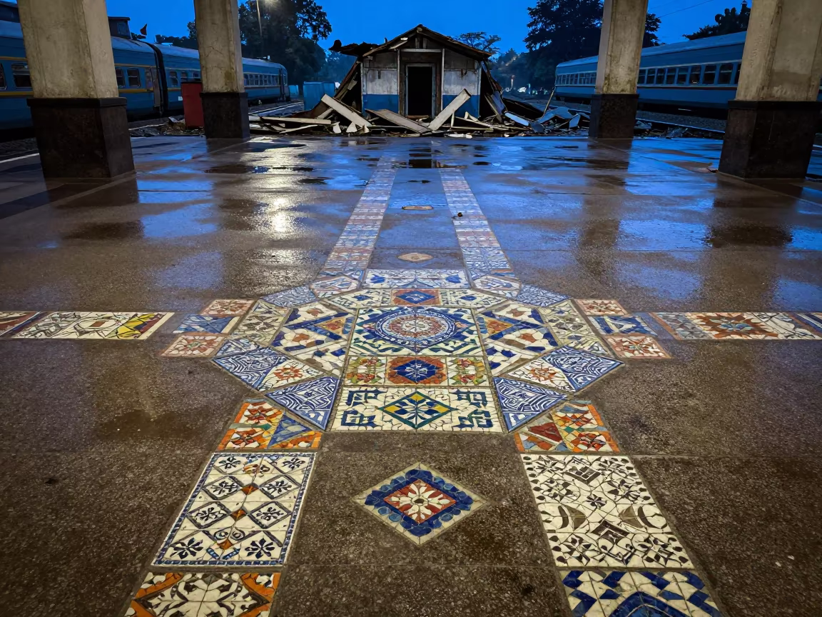 Kaleidoscope of Broken Tile Mosaics in inside a restored train terminal near Rajshahi