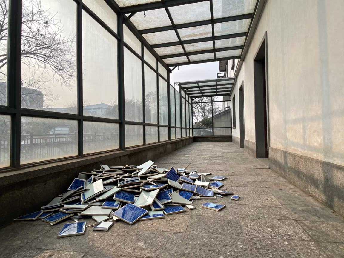 Broken Tile Mosaics in Winter Hangzhou Bathhouse Arcade in inside a glass-roofed arcade in Hangzhou