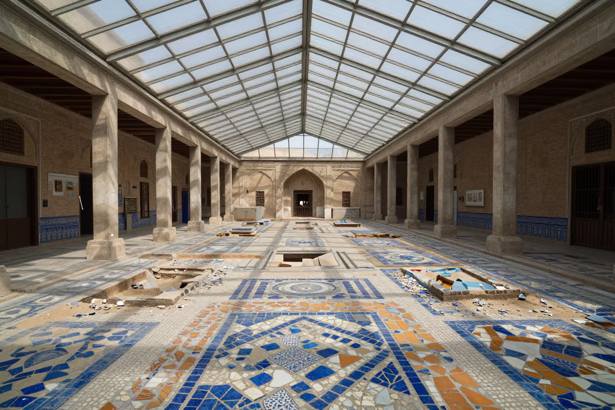 Broken Tile Mosaics in Kut Bathhouse Arcade in inside a glass-roofed arcade in Kut