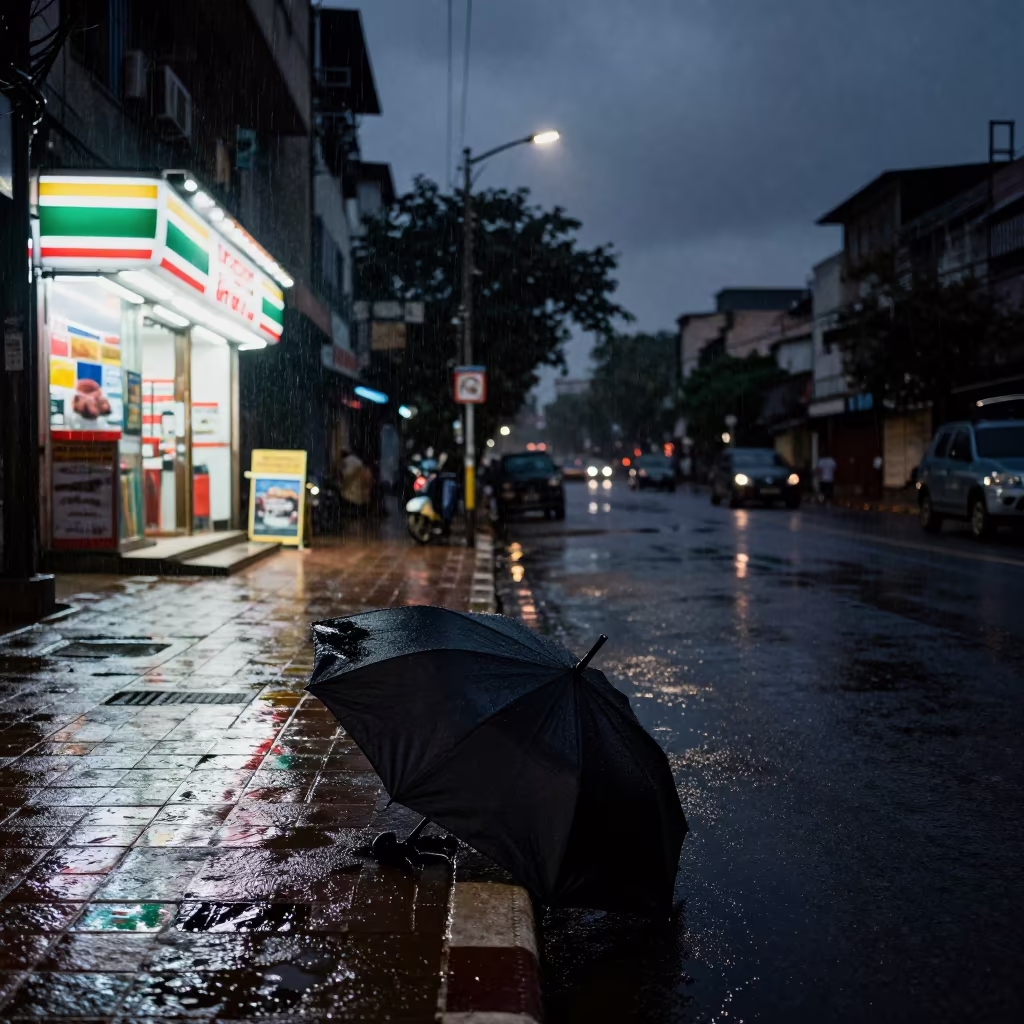 Broken Umbrella in Bangalore Gutter Night Rain in outside a fluorescent convenience store in Bangalore