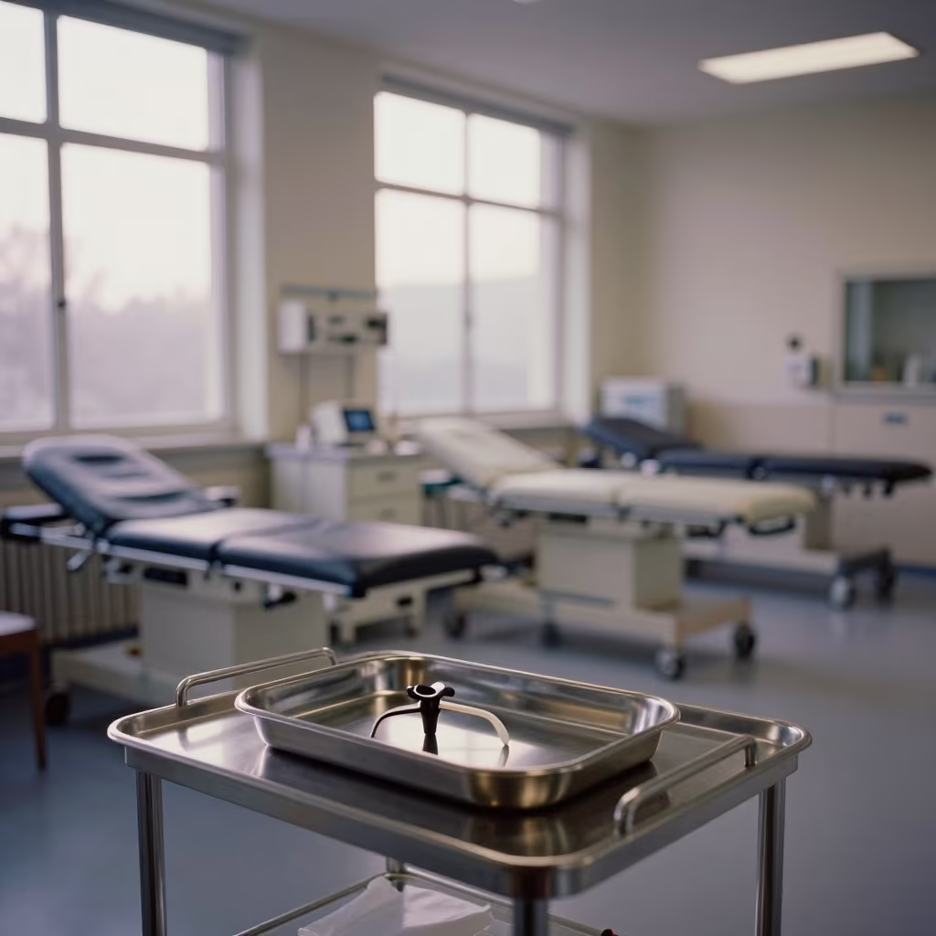 Bronchoscopy Tray in Recovery Room Morning Light in inside a recovery area with treatment stations aligned in Rehovot