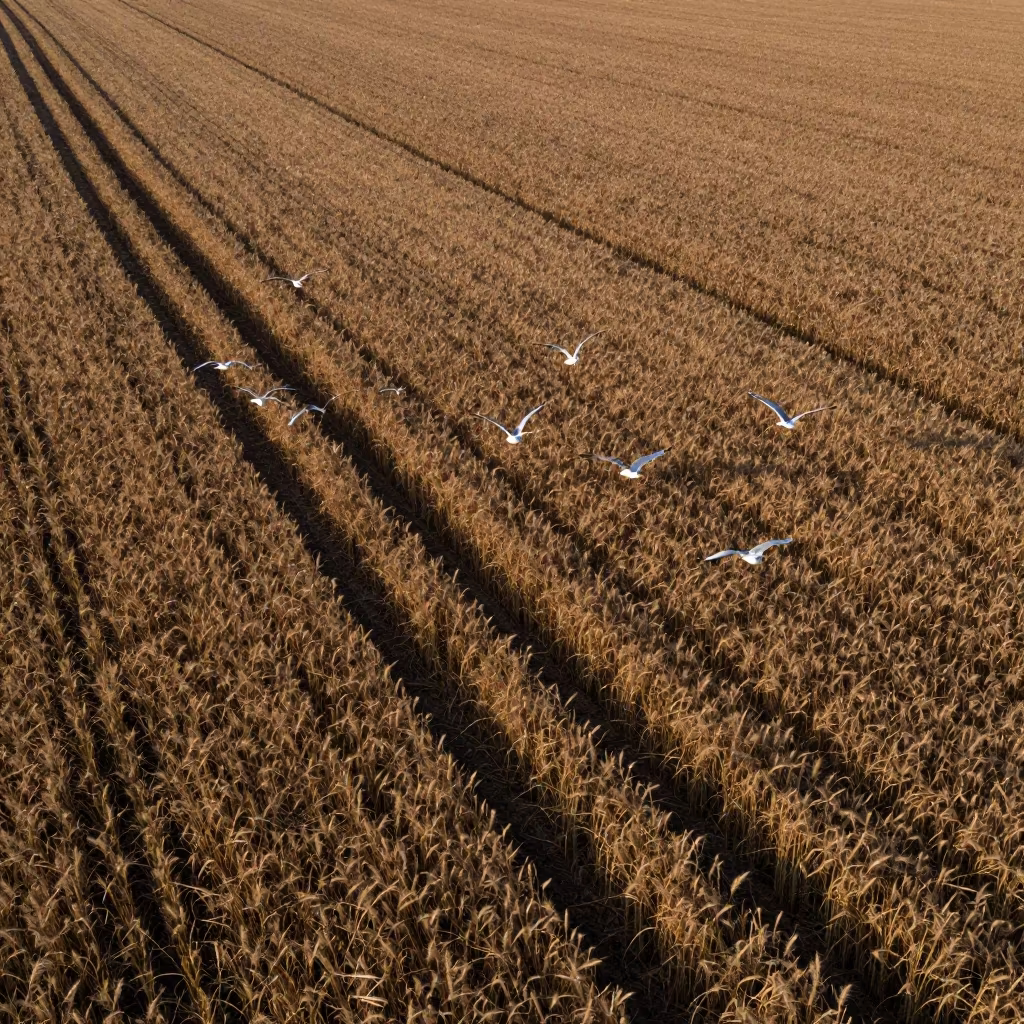 Bronze Barley Field With Gulls at Dawn in beside a tractor track through dark soil in Nebraska