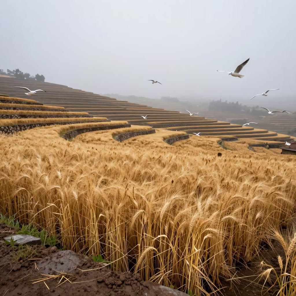 Bronze Barley Field and Gulls in La Paz Terraces in among terraced rice paddies in La Paz