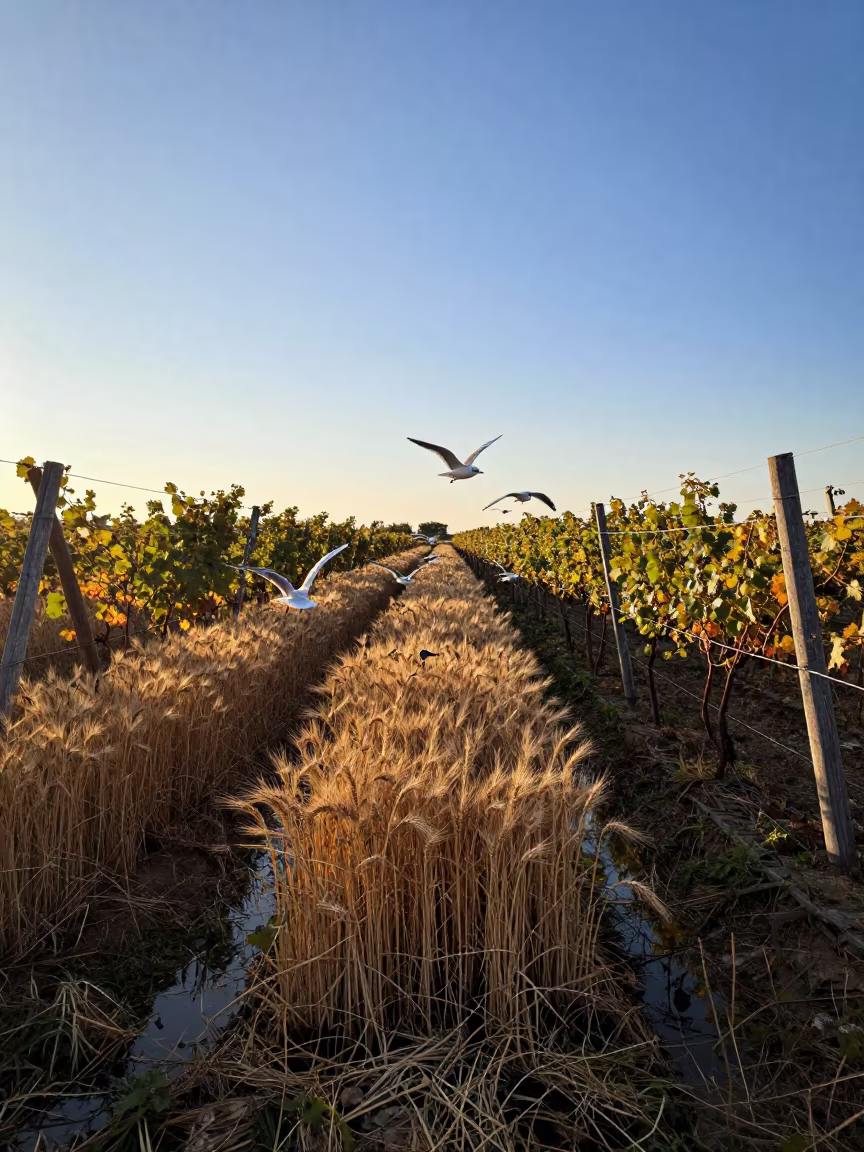 Bronze Barley Field with Gulls Near Vineyard in between vineyard trellises near Tianjin