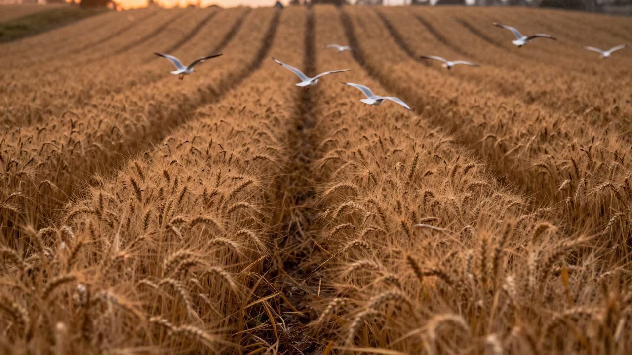 Bronze Barley Field Under Gulls in Winter Light in across a harvested grain field in Santiago de los Caballeros