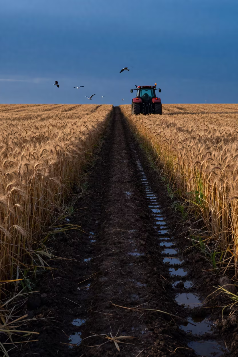 Bronze Barley Field Silhouette at Blue Hour in beside a tractor track through dark soil in Missouri