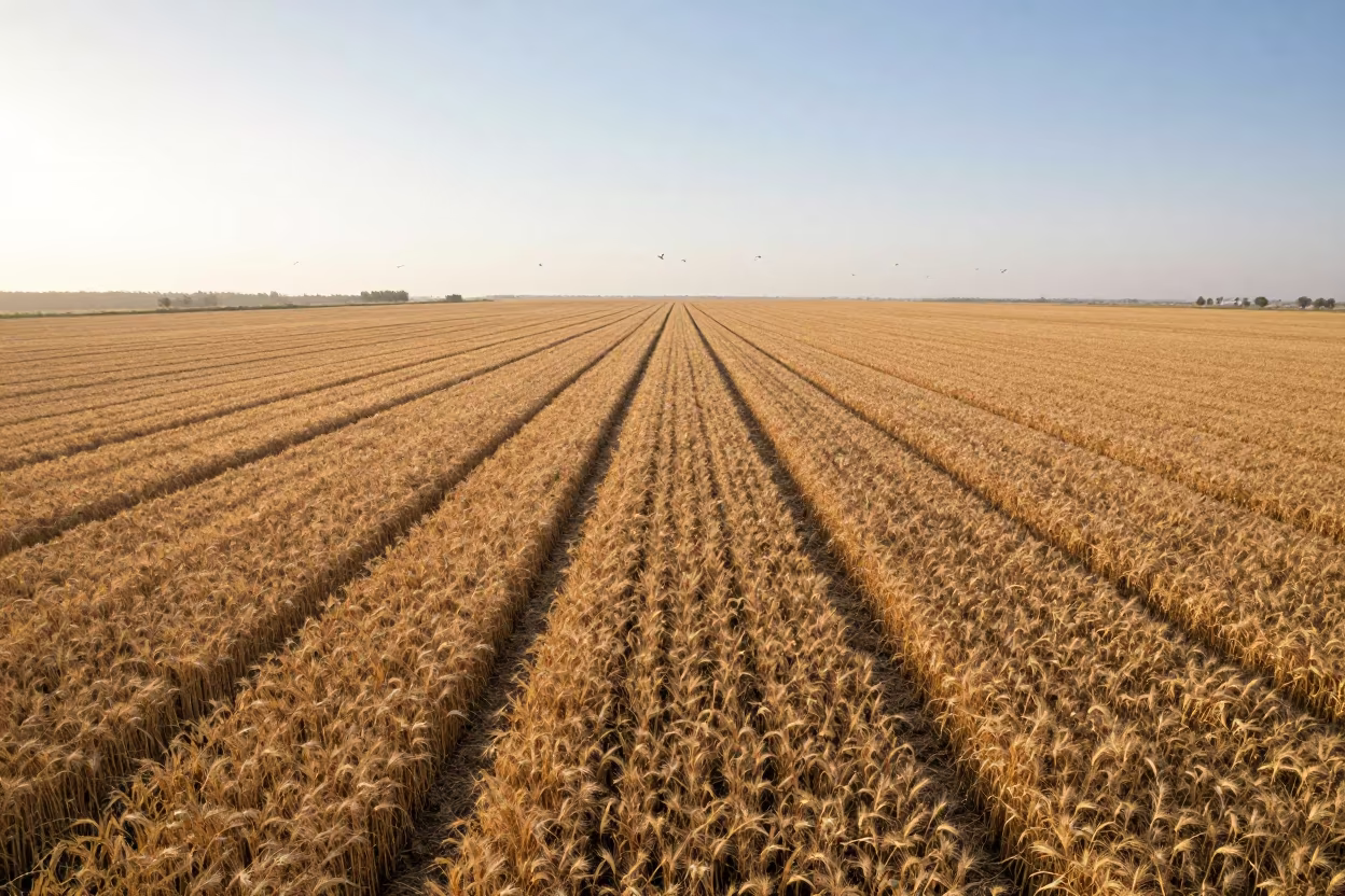 Bronze Barley Field Under Gulls in Uzbekistan Morning in along freshly irrigated rows in Uzbekistan
