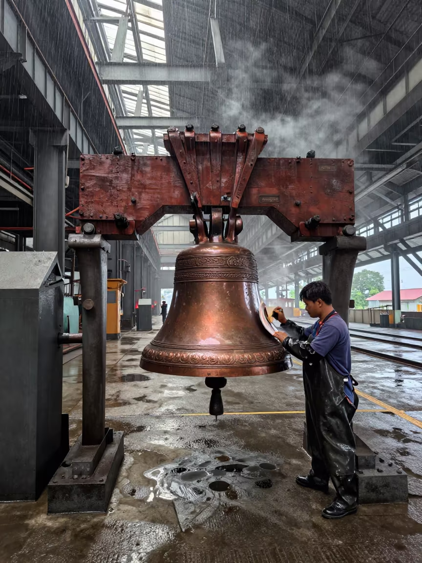 Bronze Bell Polished in Jakarta Rail Yard in at a rail yard near Jakarta