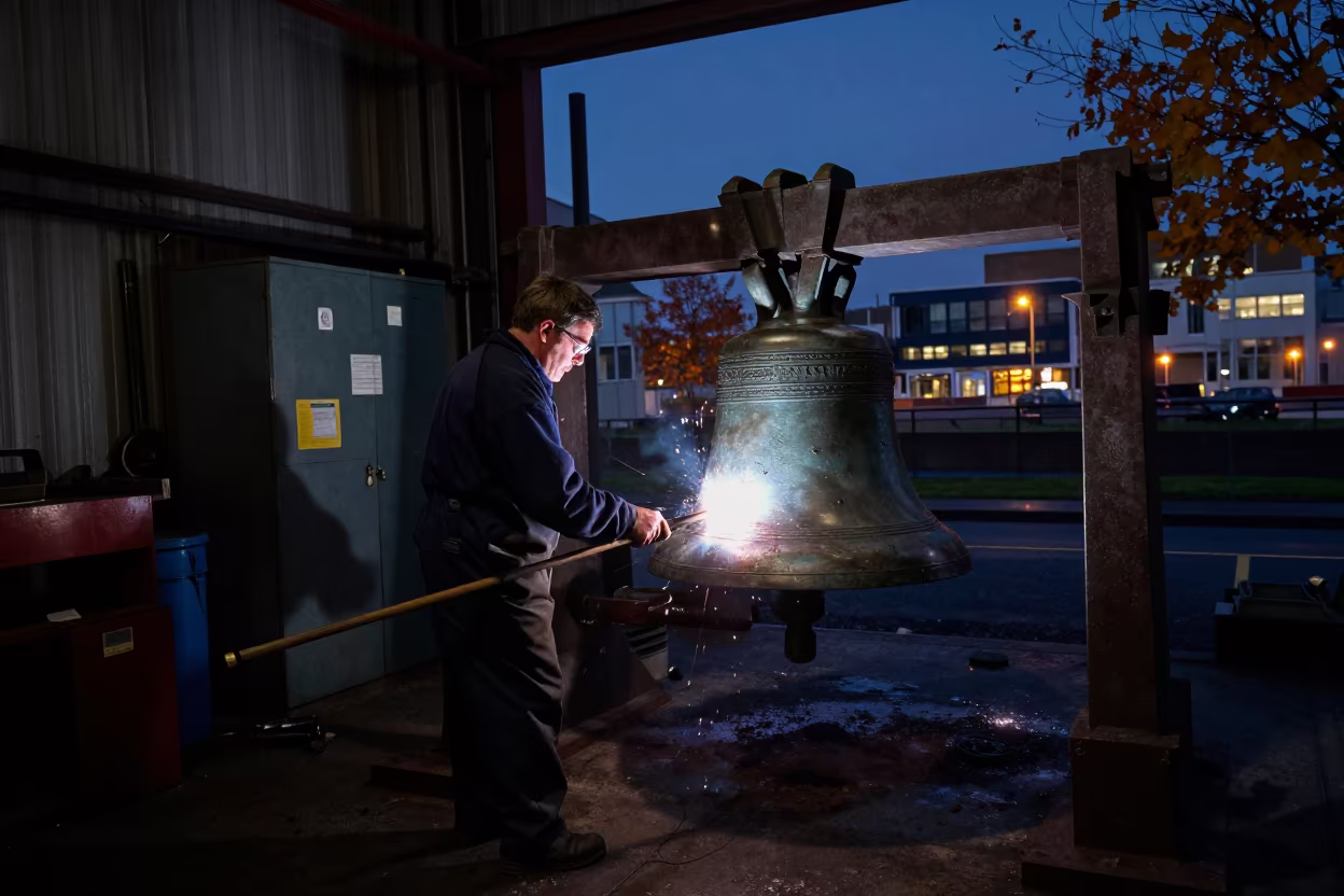 Bronze Bell Polishing in Dunedin Foundry in in a welding bay near Dunedin
