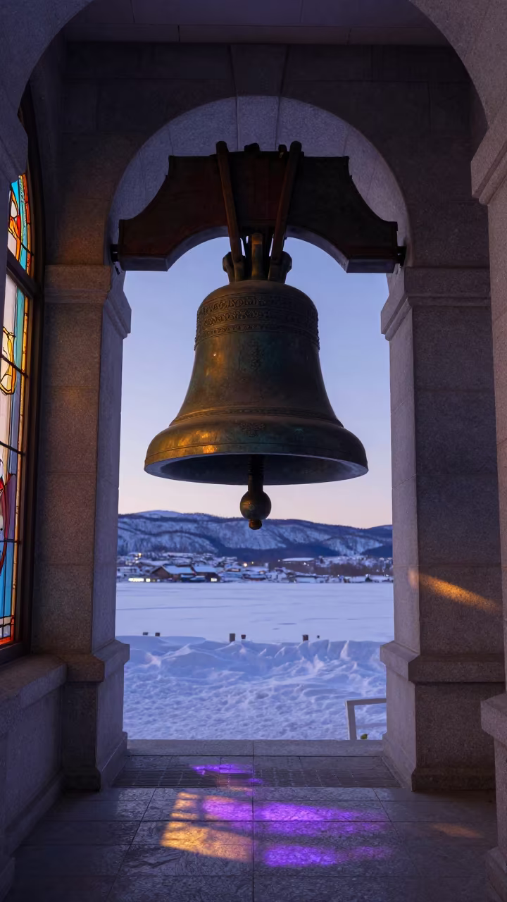 Bronze Bell Stained Noon Light Sapporo Monastery in along a monastery corridor in Sapporo
