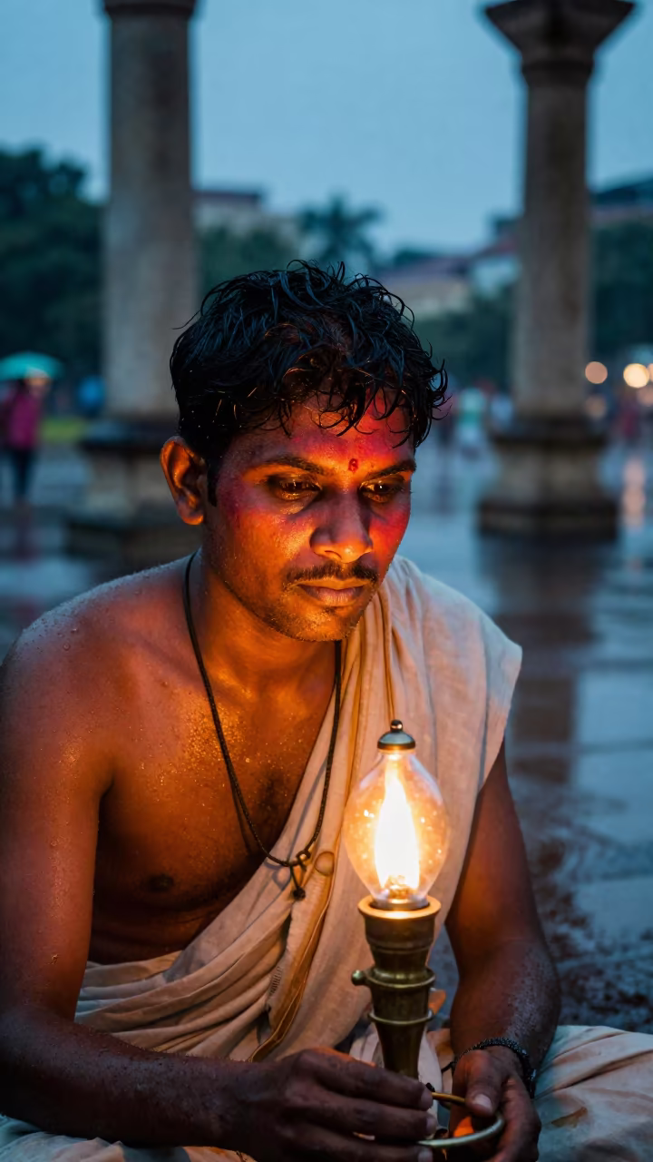 Bronze Caster Face in Chennai Twilight in at a public square in Chennai