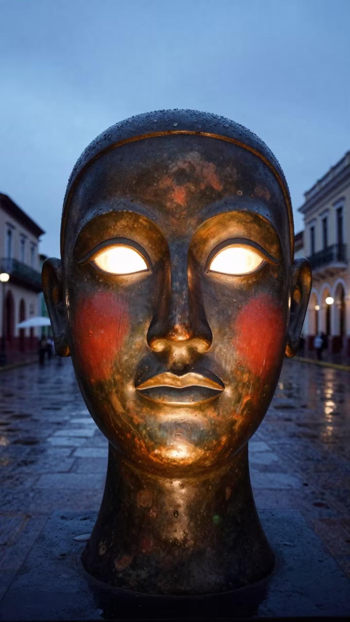 Bronze Caster Face in Ciudad Del Carmen Dawn in at a public square in Ciudad del Carmen