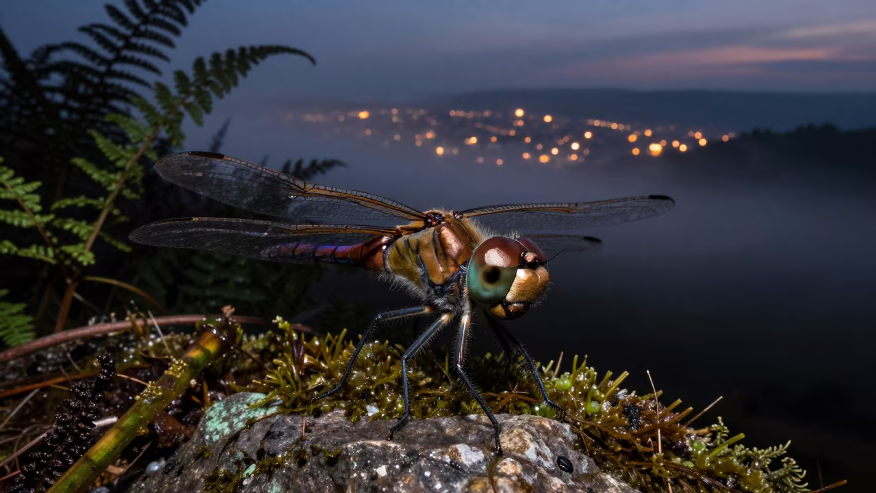 Bronze Dragonfly Eye Silhouette Galician Trail in along a game trail in Galicia