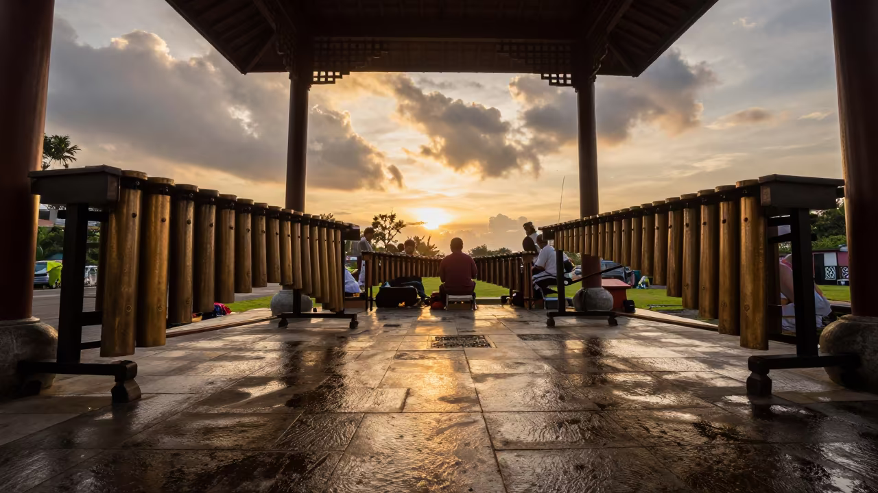 Bronze Gamelan Ensemble at Golden Hour in Jakarta Shrine in in a shrine courtyard in Blok M, Jakarta