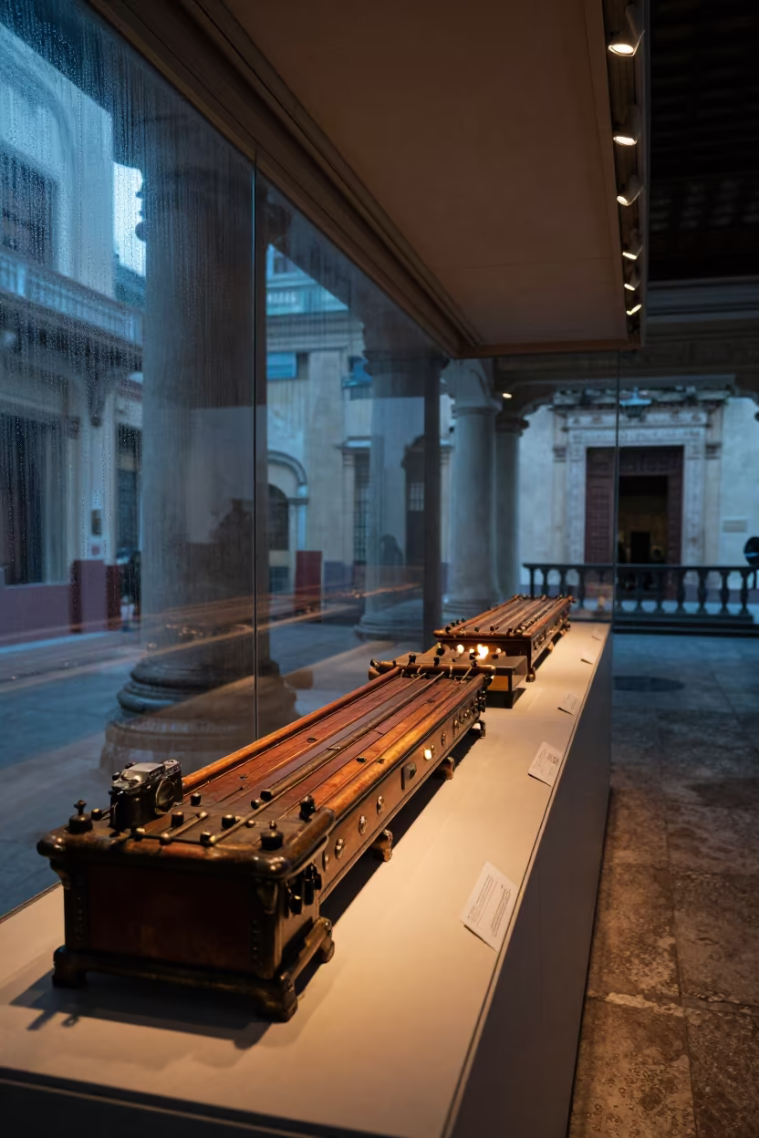 Bronze Gamelans on Plinth in Havana Firelight in on a museum plinth in Havana