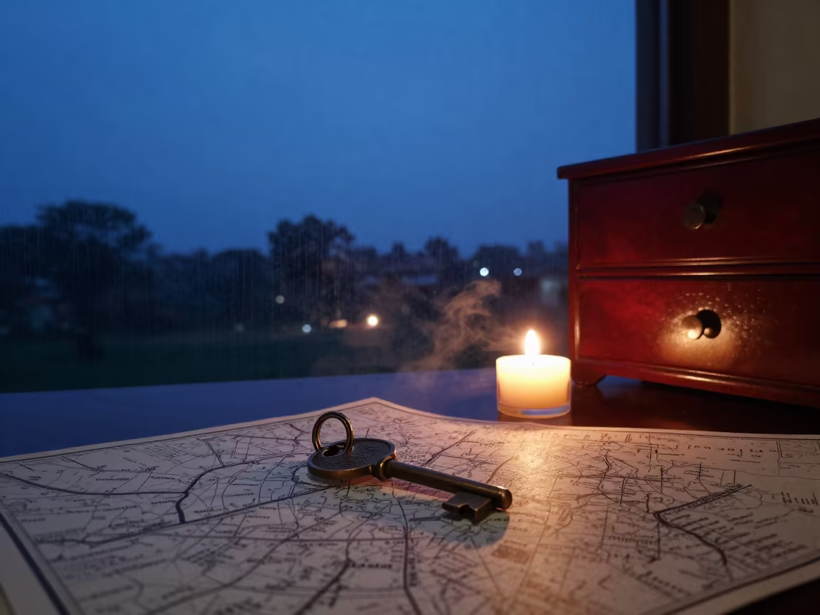 Bronze Key on Map Fragments Ink Stained Desk in on a hotel dresser in Mira-Bhayandar
