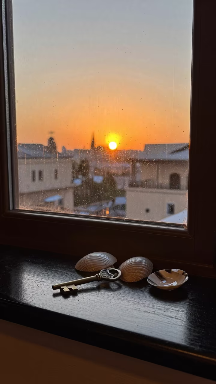 Bronze Key and Shells on Hotel Dresser at Sunset in on a hotel dresser near Sidi Bel Abbès