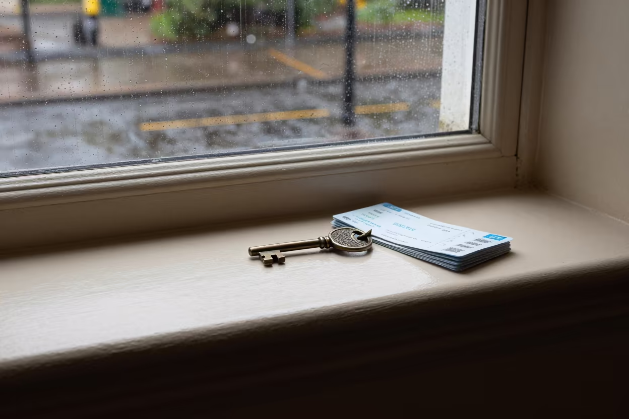 Bronze Key and Tickets on Museum Ledge in on a painted display ledge in Victoria Seychelles