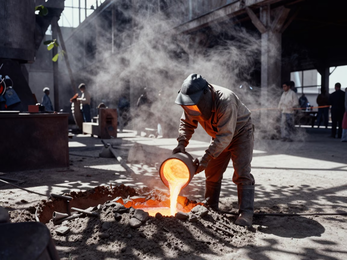Bronze Pouring in Guapulo Foundry in in Guapulo, Quito