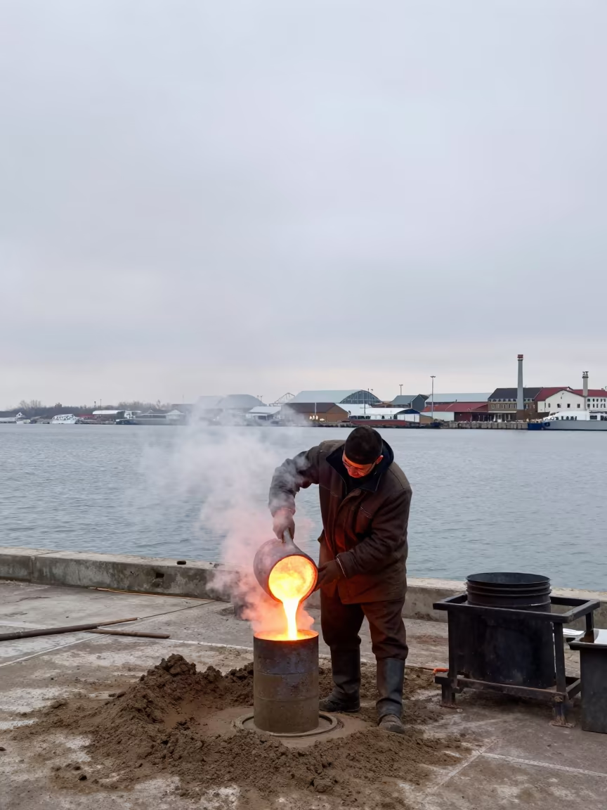 Bronze Pouring at Larissa Harbor Edge in at a harbor edge in Larissa