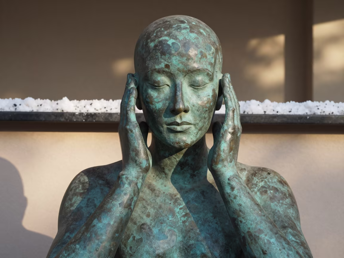 Bronze Sculptor Face Patina Salt Pan Rim in on salt crystals along a pan rim near Hawaasa