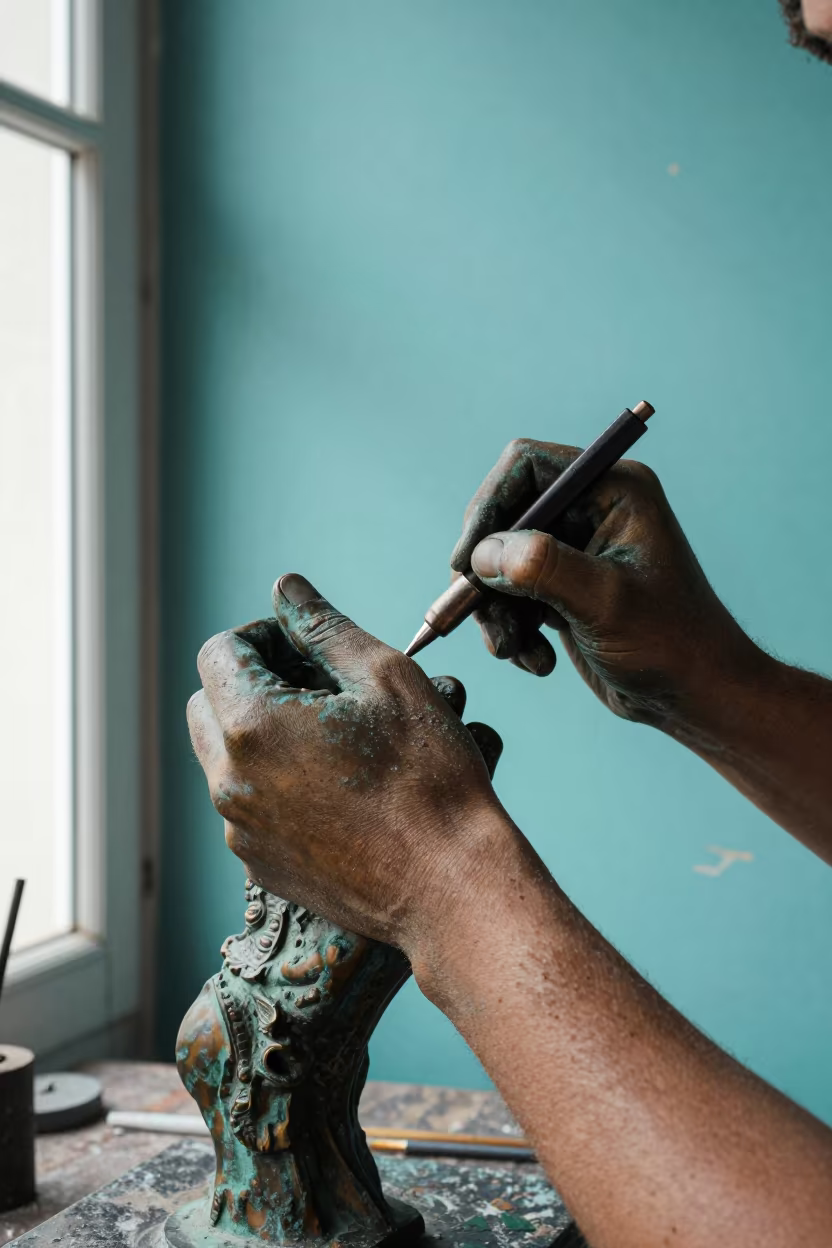 Bronze Sculptor Patina Forearms Noon Light in against weathered turquoise paint in León de Los Aldama