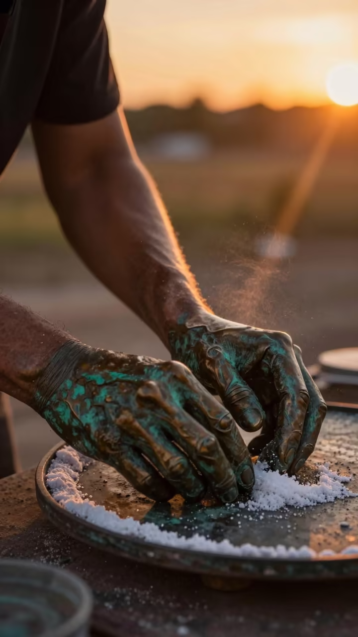 Bronze Sculptor Patina Forearms Salt Pan Kota in on salt crystals along a pan rim near Kota