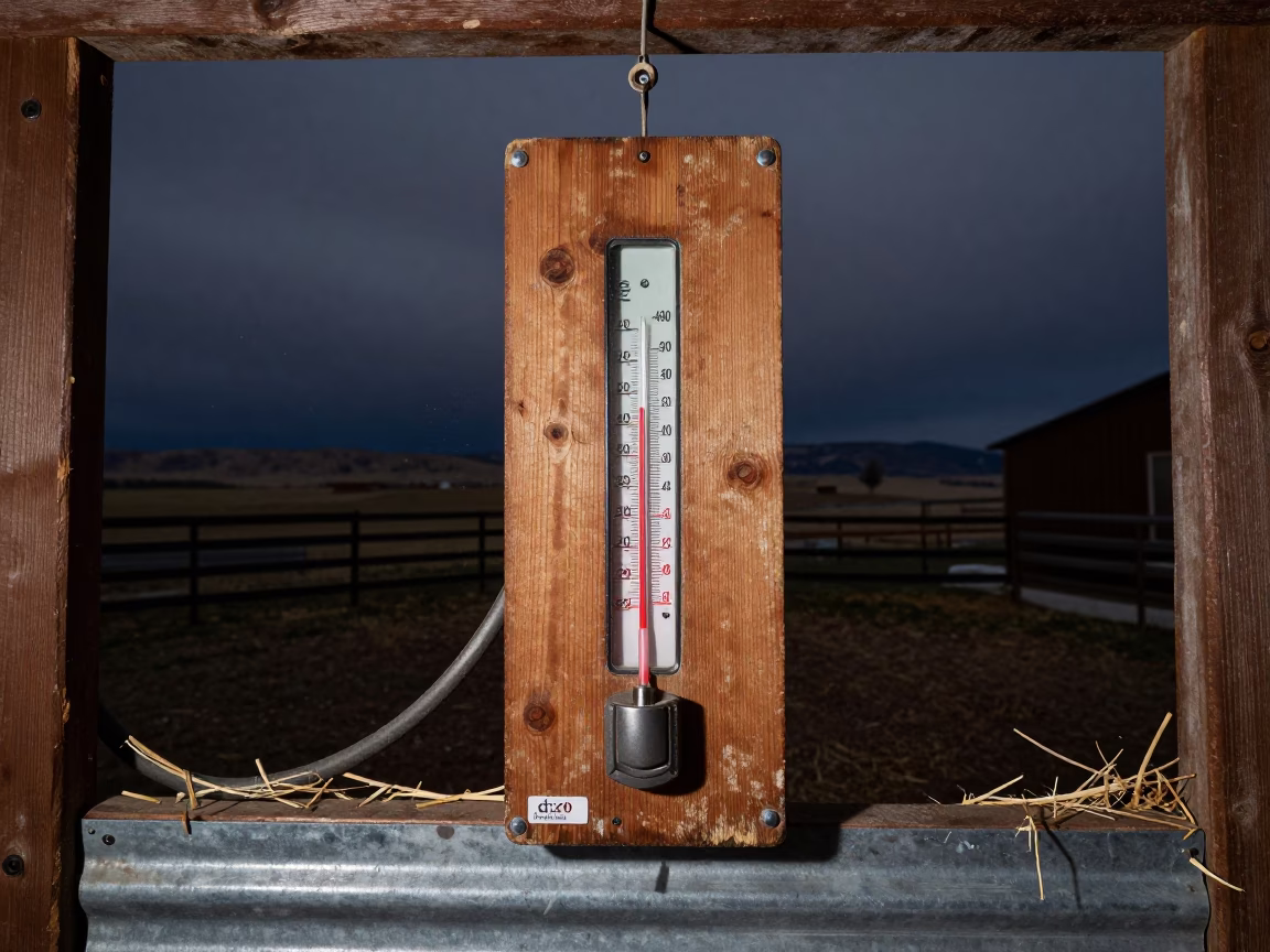 Brooder Thermometer Board in Wyoming Barn Night in inside a ranch corral in Wyoming