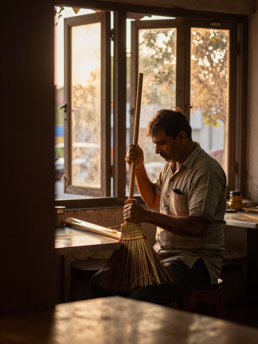 Broom Maker Binding Sorghum in Jhansi Cafe Sunset in in a cafe in Jhansi