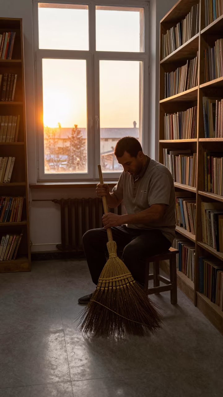 Broom Maker Binding Sorghum in Jizzakh Library in in a library reading room in Jizzakh