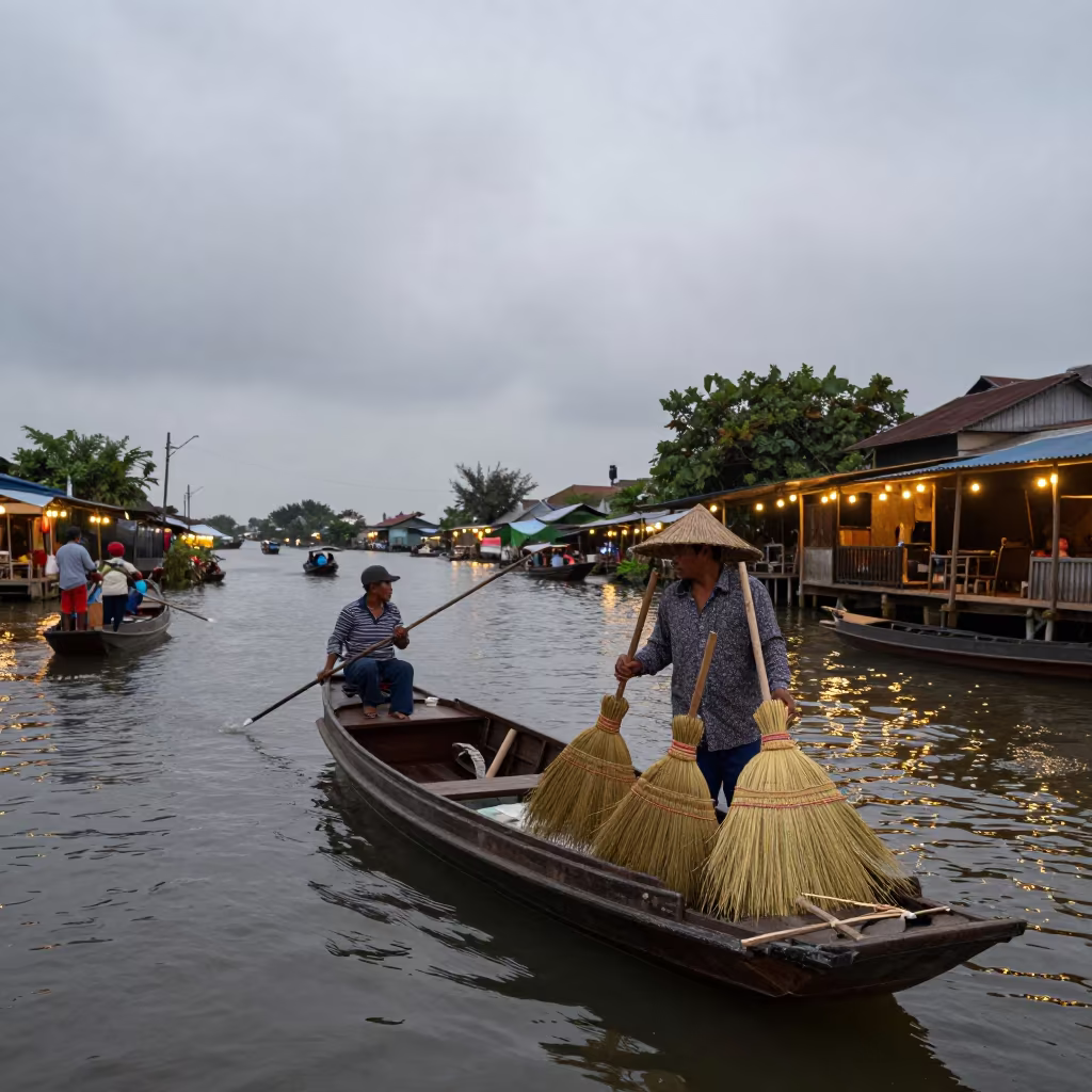 Broom Vendor on Can Tho Floating Market Boat in at a floating market boat in Can Tho