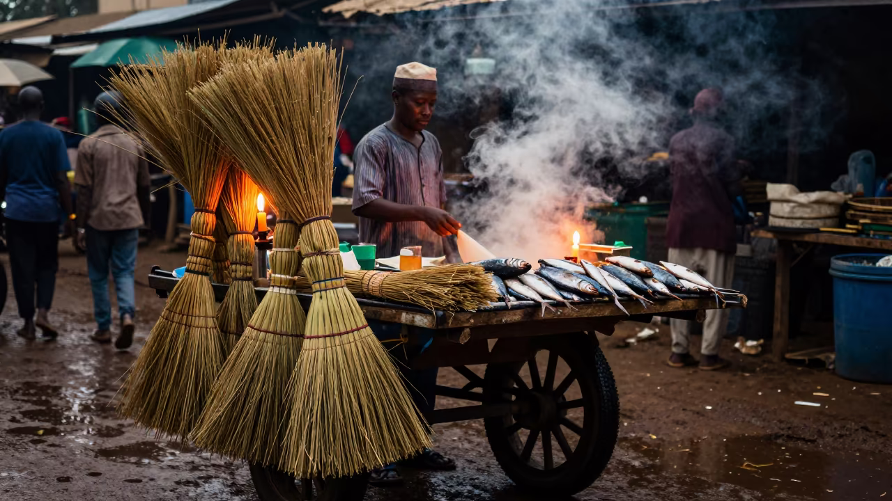 Broom Vendor at Dawn in Abuja Market in beside a fish counter in Abuja