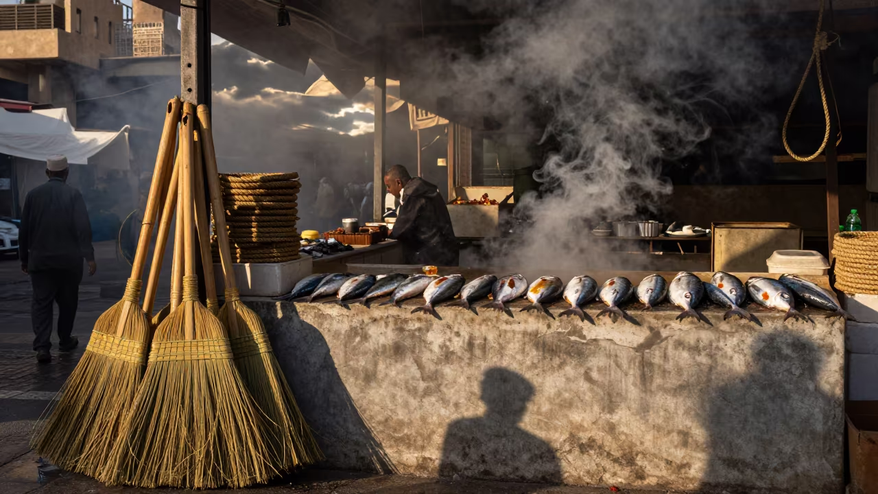 Broom Vendor with Falling Smoke in Mecca Market in beside a fish counter in Mecca