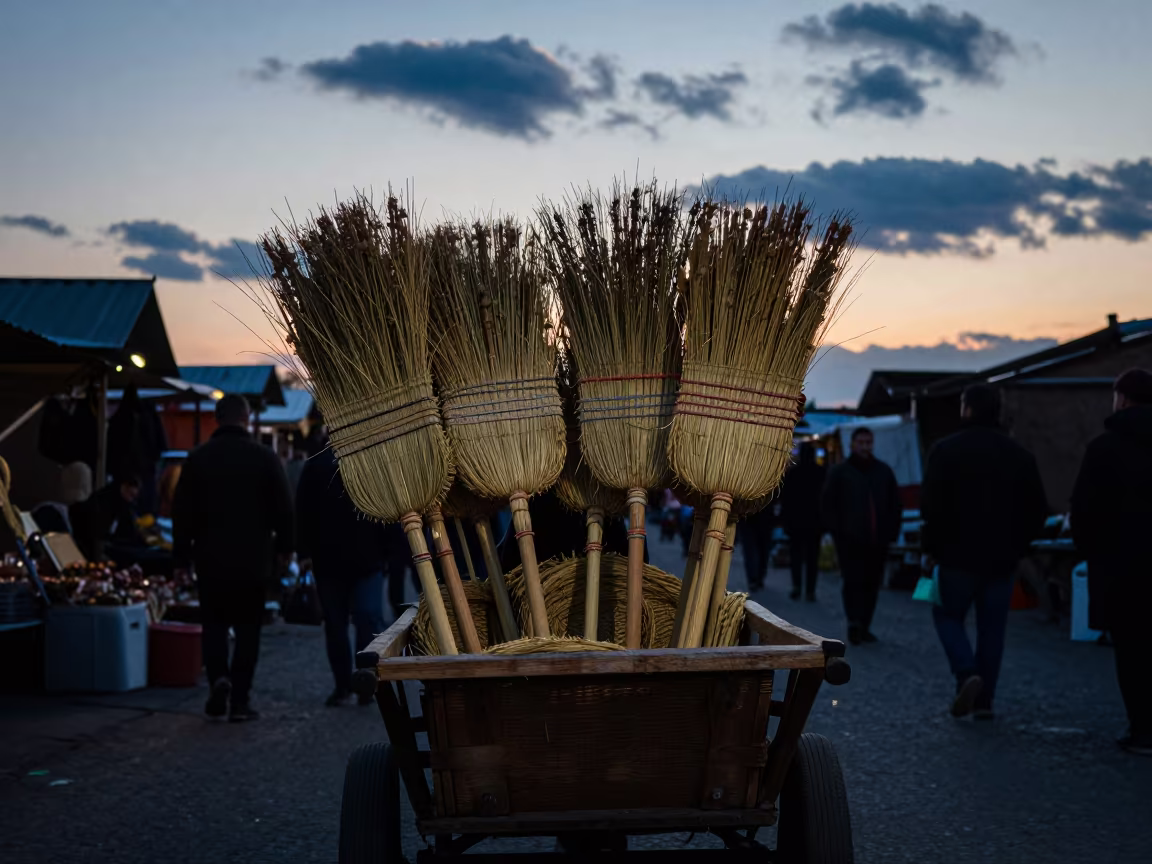 Broom Vendor Silhouette in Samara Twilight in in a flea market lane in Samara
