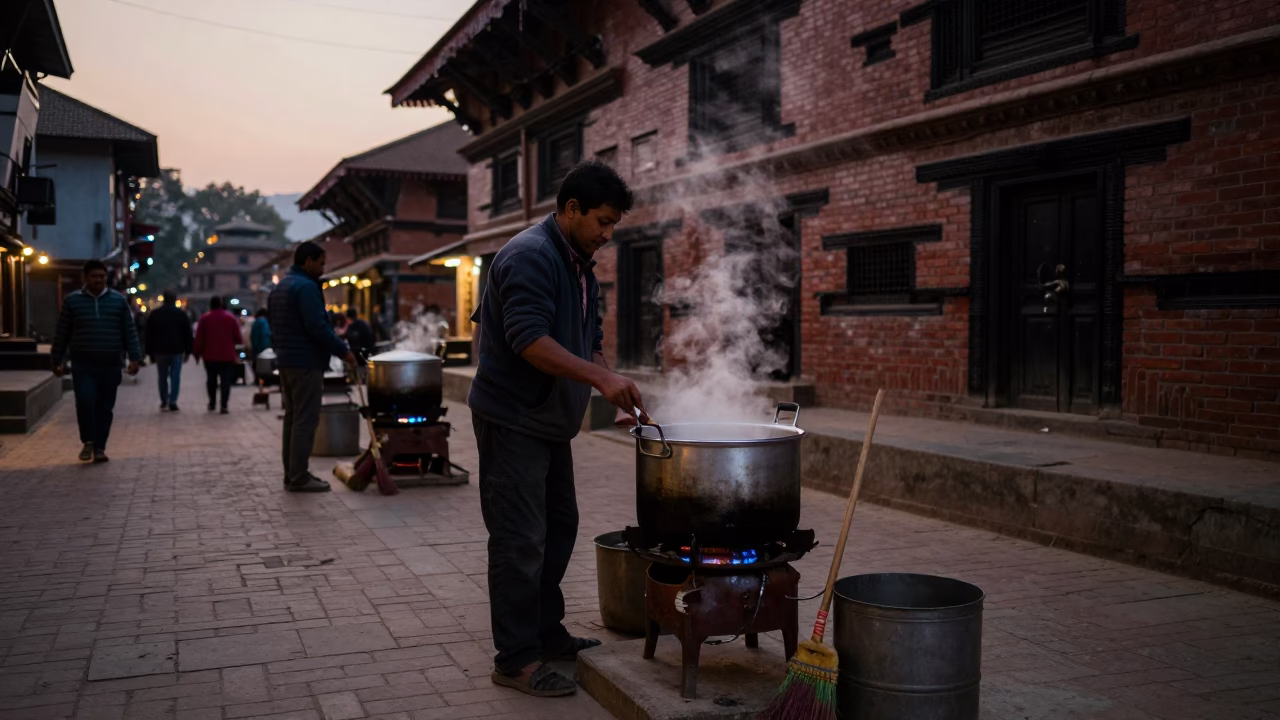 Brooms Scene in Kathmandu at The Early Evening Light in in Kathmandu, Nepal