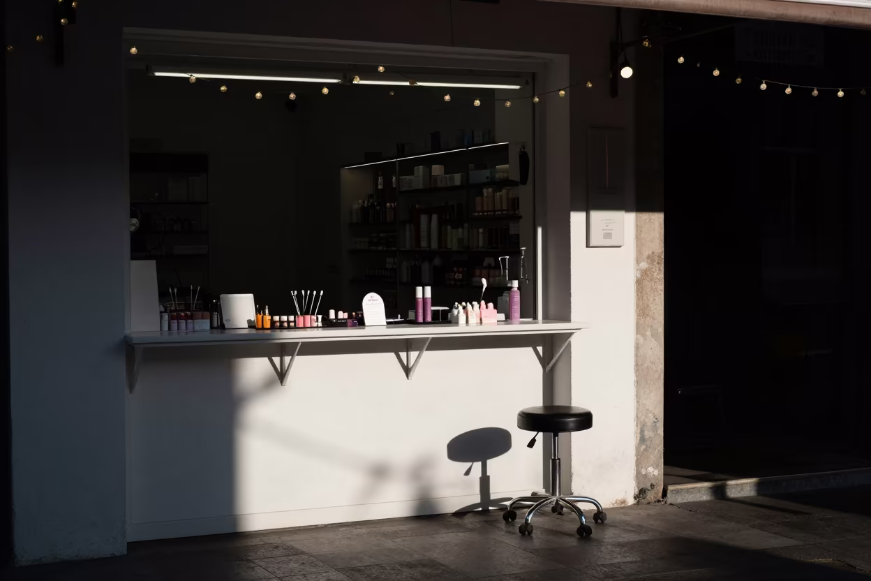 Brow Bar Counter Under String Lights in in a beauty supply area under white LEDs in George Town