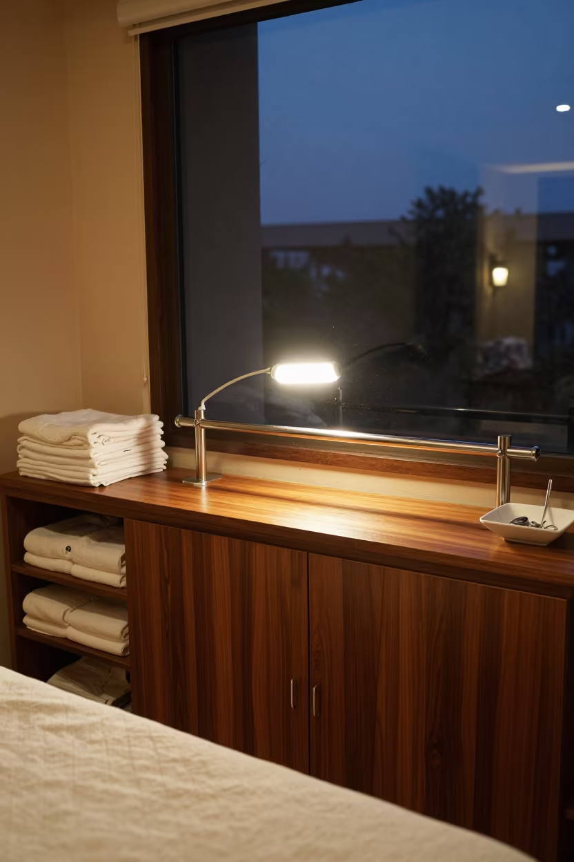Brow Bar Counter With Towel Cabinet At Twilight in inside a skincare treatment room in Vadodara