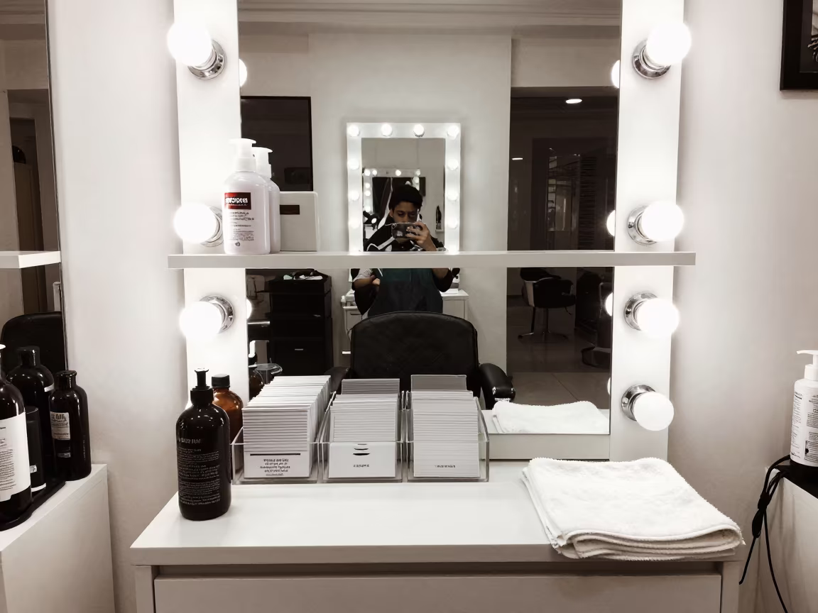 Brow Care Products on Salon Shelf in Deoghar in at a barber station beneath mirror bulbs in Deoghar