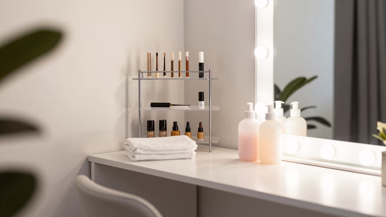 Brow Care Samples on Studio Shelf with Mirror Light in inside a nail studio in Brisbane