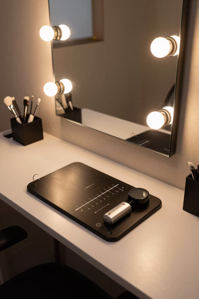 Brow Lamination Timer Board at Sunset in at a barber station beneath mirror bulbs in Pontocho, Kyoto