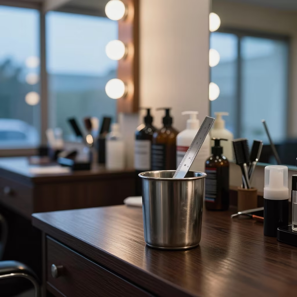 Brow Ruler Cup Before Dawn Salon Opens in at a barber station beneath mirror bulbs in Noida