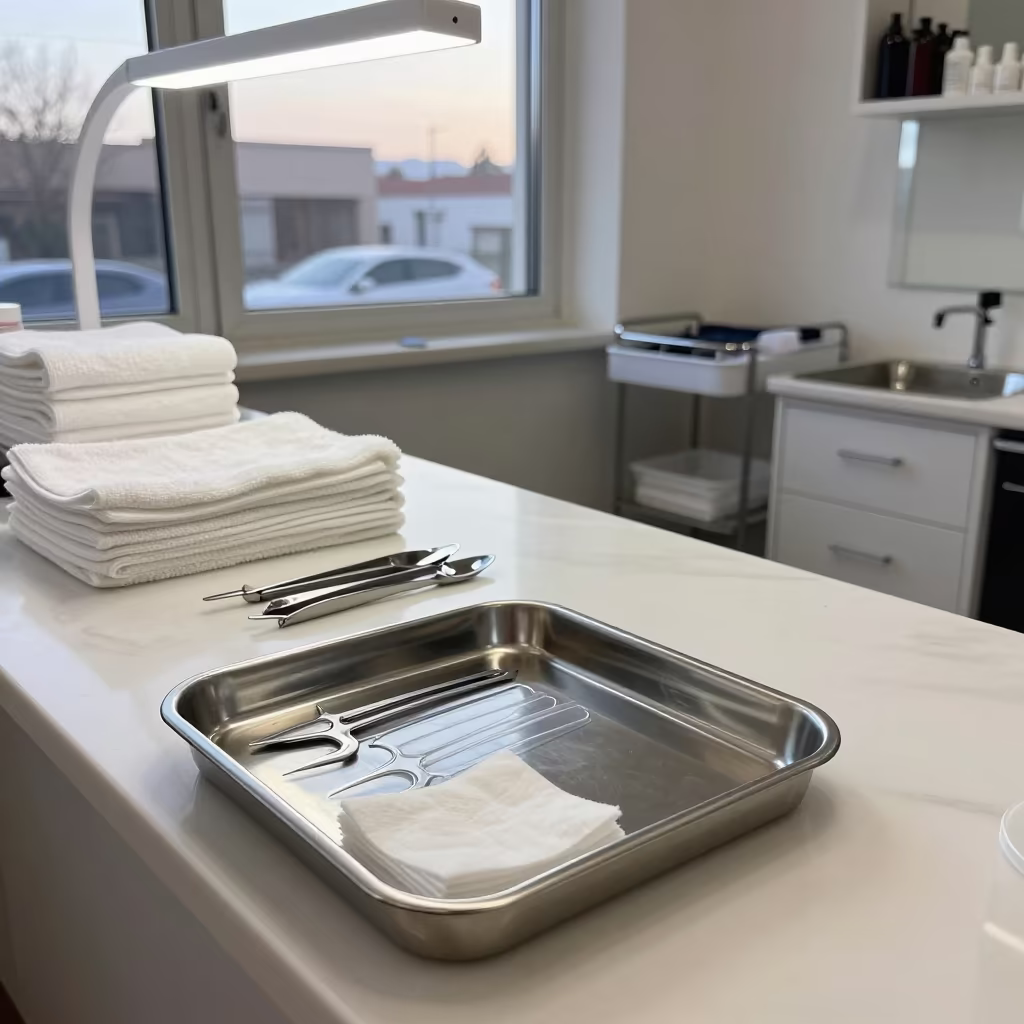 Brow Stencil Disinfect Tray in Jalandhar Beauty Shop in in a beauty supply area under white LEDs in Jalandhar