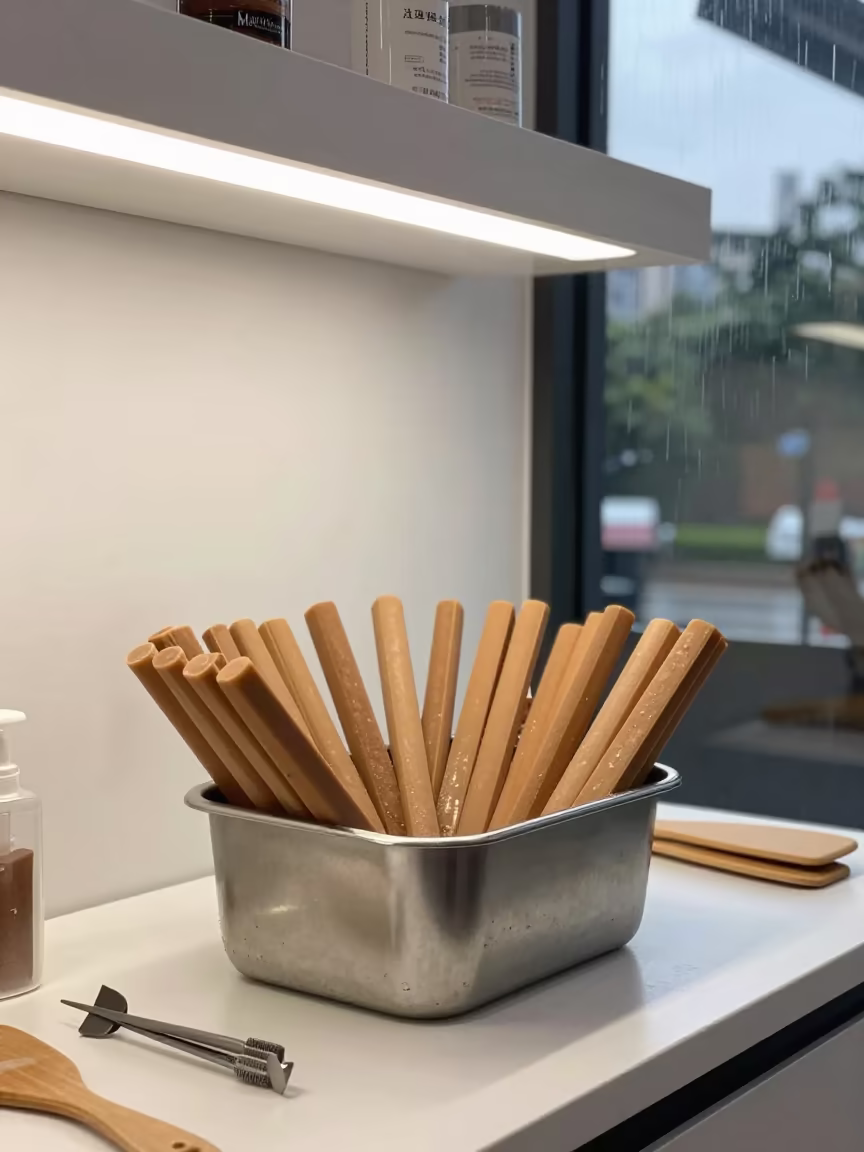 Brow Wax Stick Bin in Chengdu Beauty Supply Area in in a beauty supply area under white LEDs near People's Park, Chengdu