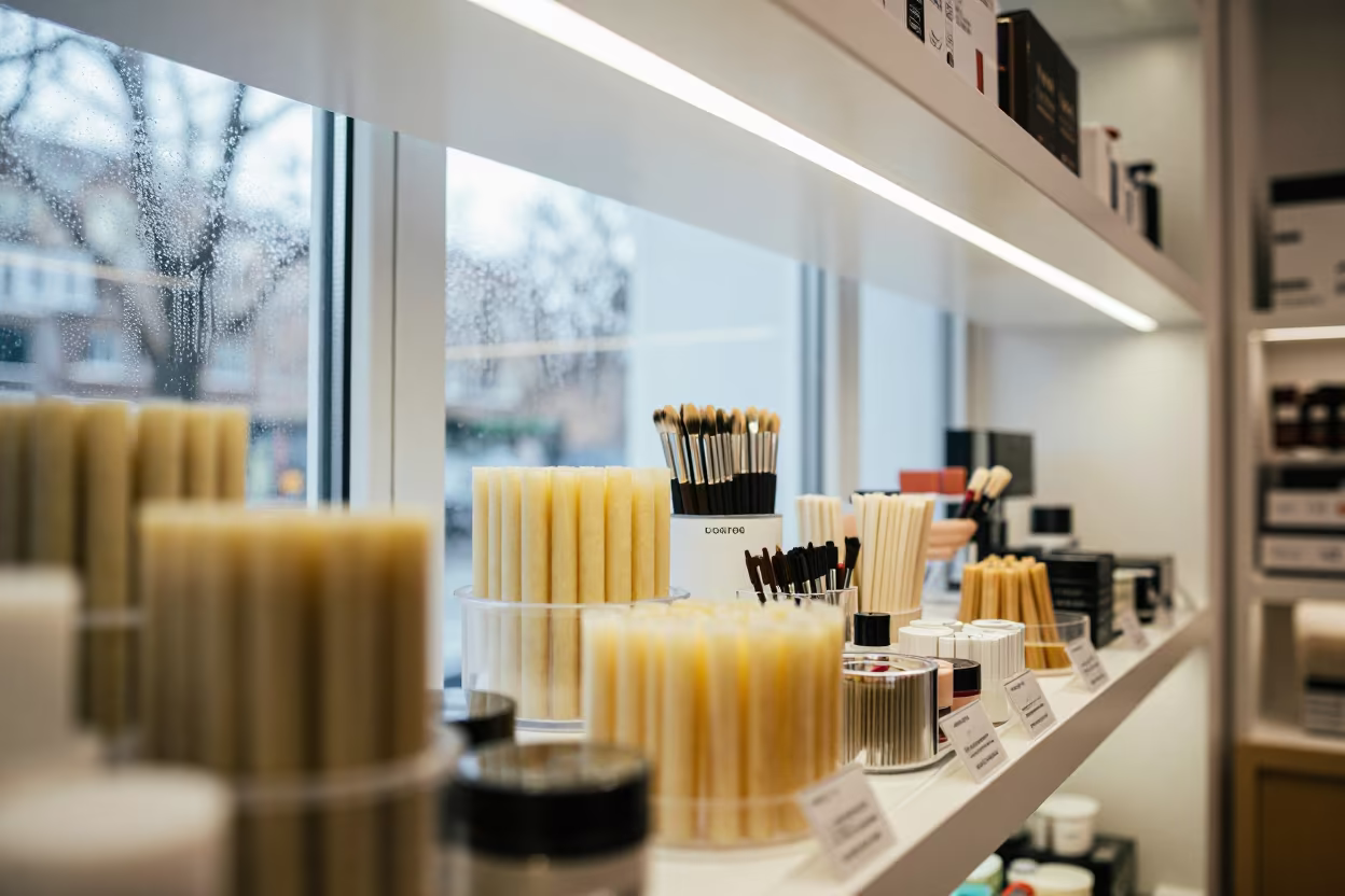 Brow Wax Stick Bin in Dusseldorf Beauty Supply in in a beauty supply area under white LEDs in Dusseldorf