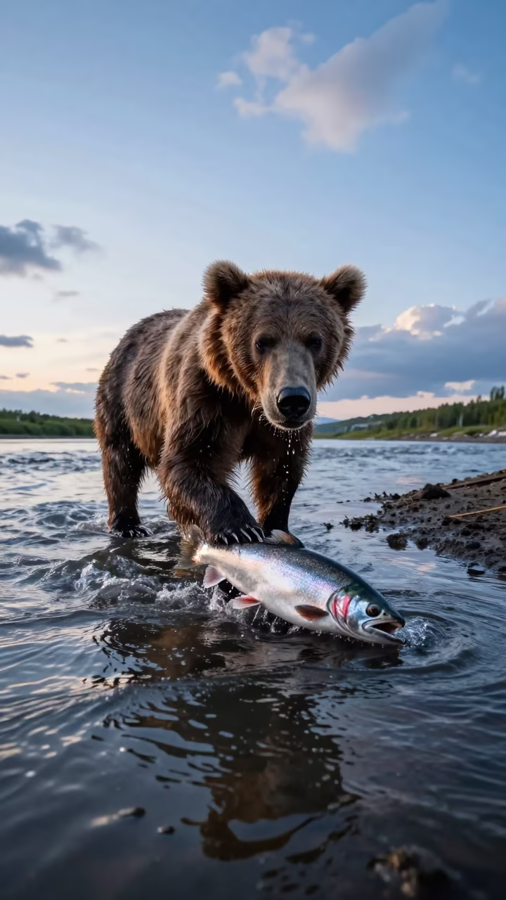 Brown Bear Catching Salmon at Blue Hour in beside a tidal inlet in Gansu